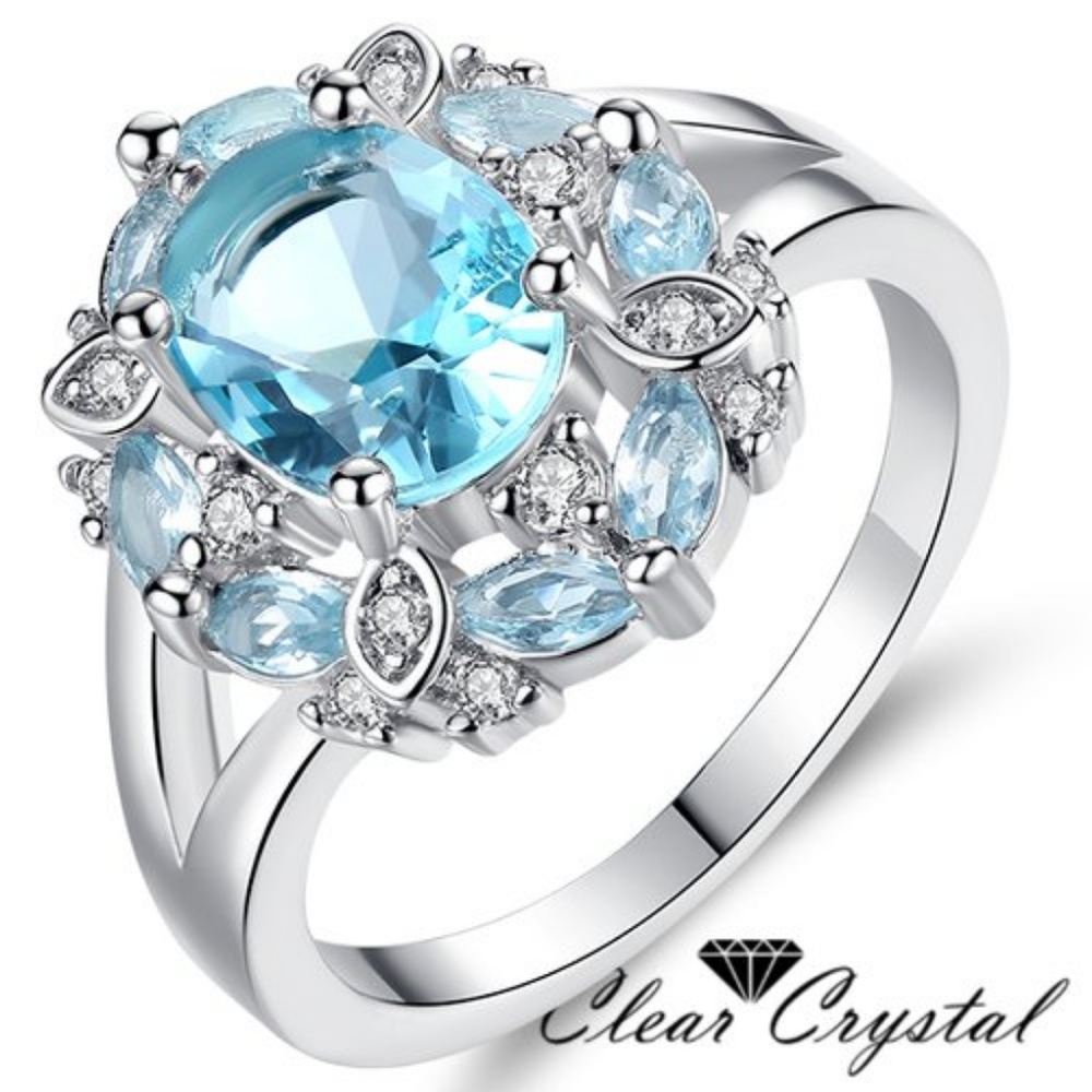Blue Topaz Oval Marquise White Gold Filled Cluster